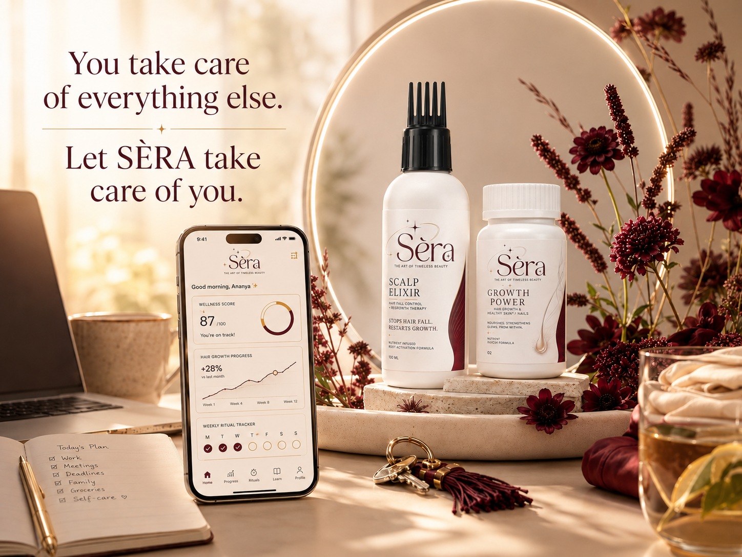 S&Egrave;RA products and app in a calm self-care ritual setting