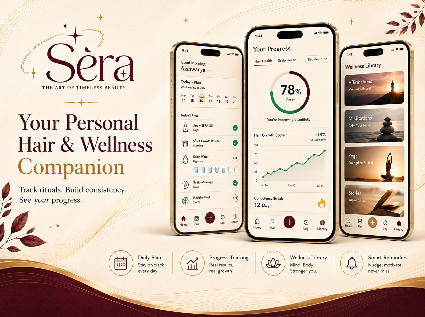 S&Egrave;RA hair and wellness companion app screens